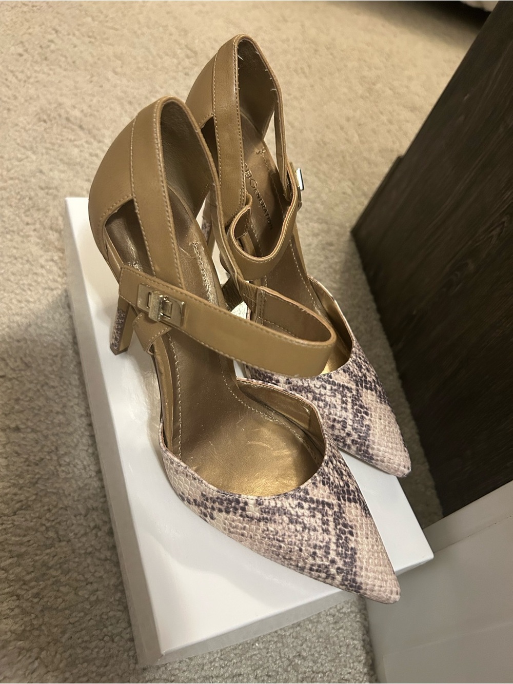 BCBG Tan Ankle-Strap Heels with Snake-Print Pointed Toe - Picture 3 of 4
